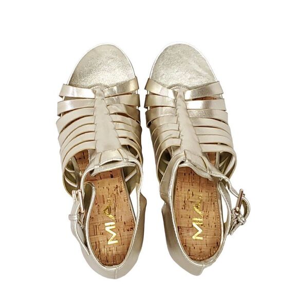 Mia Strappy Heels 9.5 Metallic Gold Open Toe Cone Heel Evening Dance Party - Picture 6 of 8